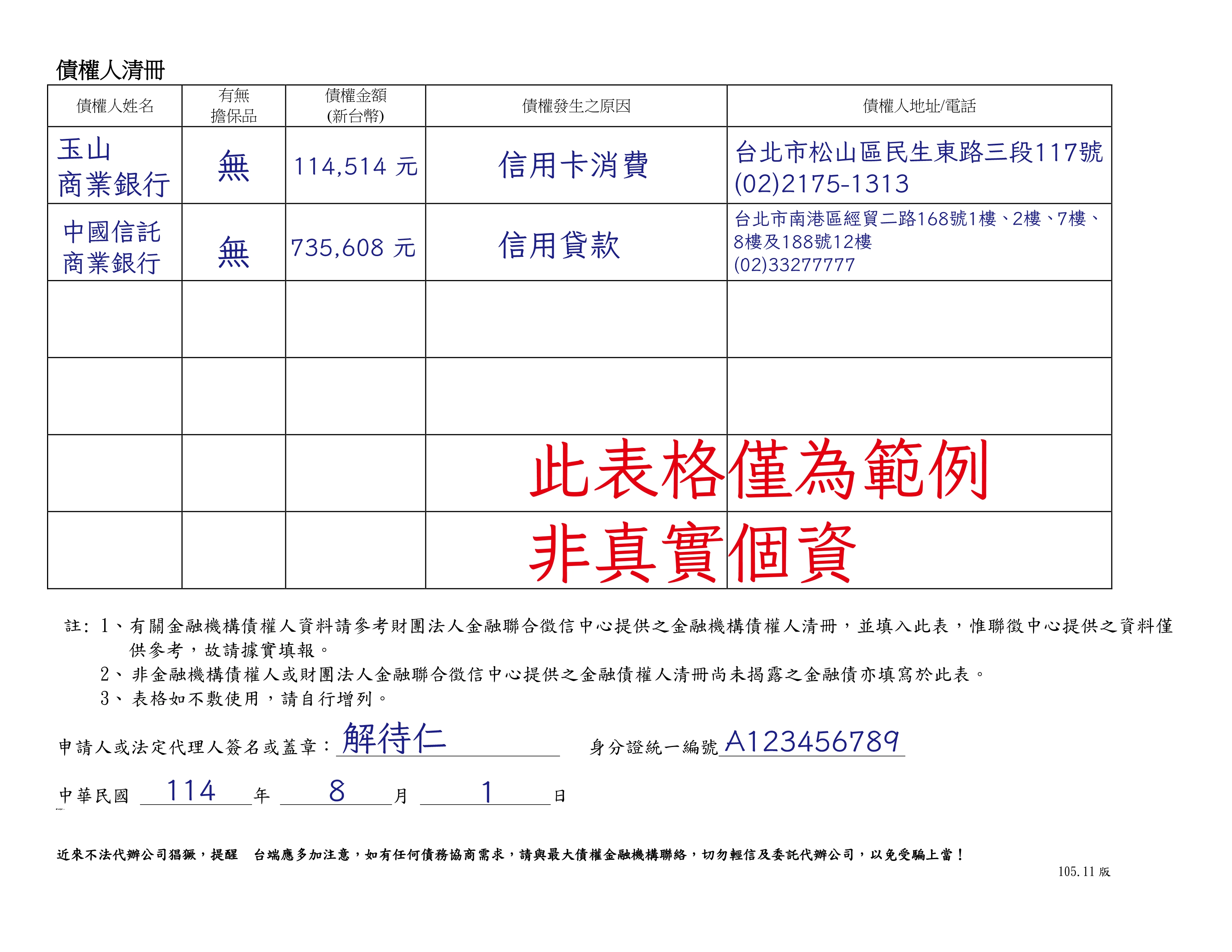 債權人清冊撰寫範例