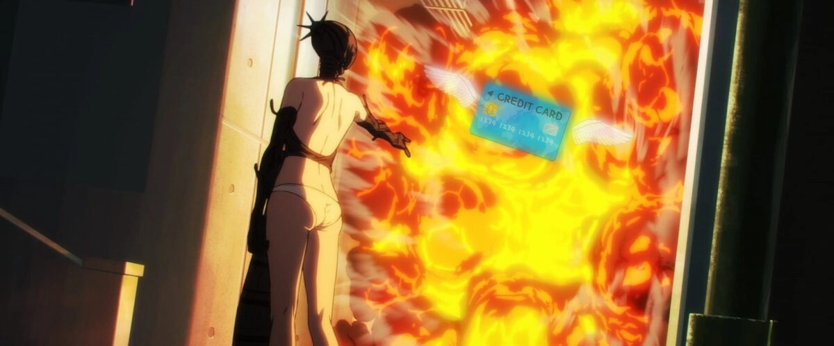 チェンソーマン レゼ篇爆破畫面+信用卡升天的組合圖片，用詼諧方式玩哽